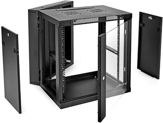 NavePoint 12U Server Cabinet with Hinged Back - 21.6” Deep, 12U Server Rack Enclosure with Locking Glass Door, Wall Mount Rack with Removable Side Panels, 12U Network Cabinet with 2 Fans, Assembled