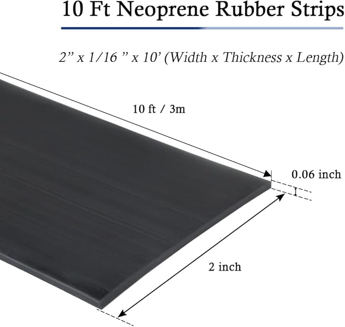 Neoprene Rubber Strips Self Adhesive Solid Rubber Sheets, Rolls & Strips for DIY Gaskets Crafts Pads Seals Warehouse Flooring Rubber Strip with Adhesive Backing (2” Wide x 1/16" Thick x 10' Long)