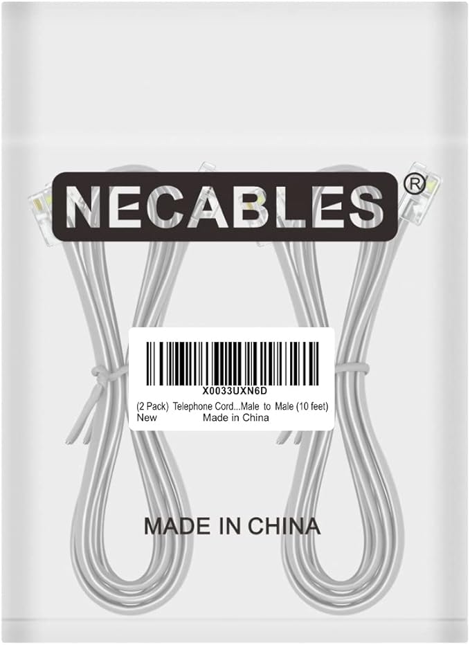 NECABLES 2Pack Phone Cord 10 ft Telephone Cord Phone Cable RJ11 6P4C Male to Male for Landline Phone and Fax - 10 Feet