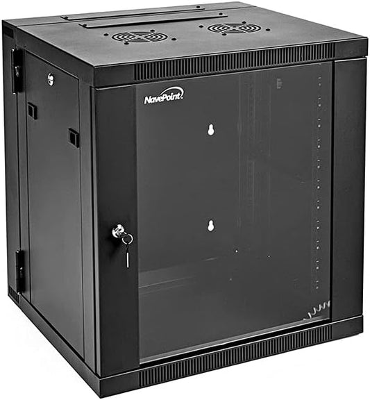 NavePoint Server Cabinet with Hinged Back - 17.7' Deep, 12U Rack Enclosure with Locking Glass Door, Wall Mount Rack with Removable Side Panels, Network Cabinet with 2 Fans, Assembled