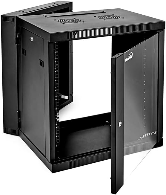 NavePoint 12U Server Cabinet with Hinged Back - 25.5” Deep, 12U Server Rack Enclosure with Locking Glass Door, Wall Mount Rack with Removable Side Panels, 12U Network Cabinet with 2 Fans, Assembled