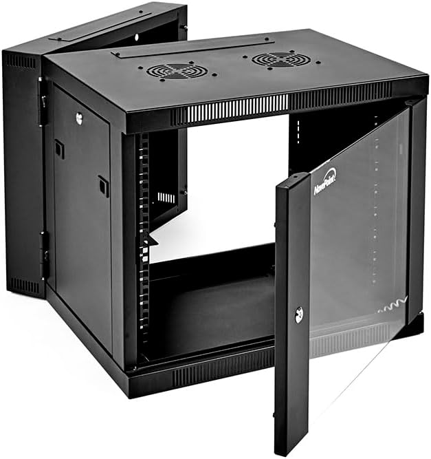 NavePoint Server Cabinet with Hinged Back - 21.6' Deep, 9U Rack Enclosure with Locking Glass Door, Wall Mount Rack with Removable Side Panels, Network Cabinet with 2 Fans, Pre-Assembled