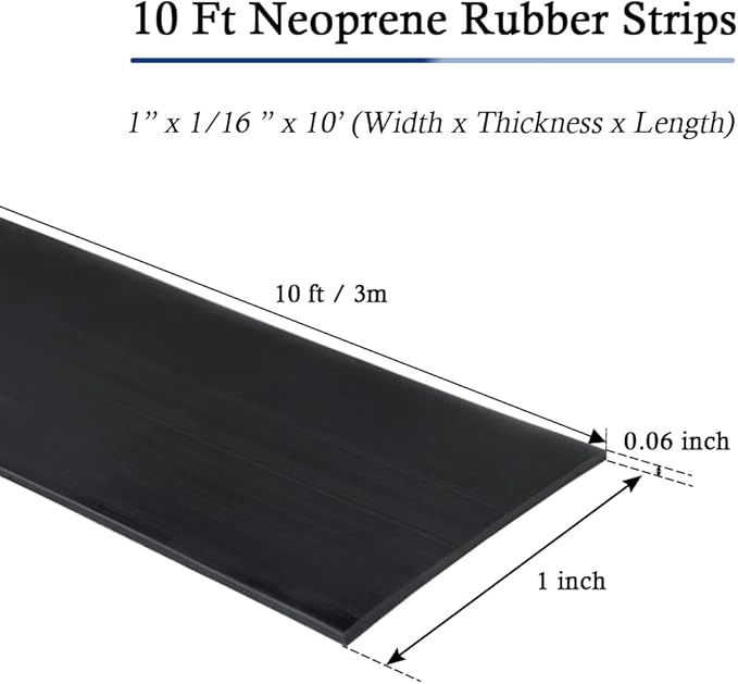 Neoprene Rubber Strips Self Adhesive Solid Rubber Sheets, Rolls & Strips for DIY Gaskets Crafts Pads Seals Warehouse Flooring Rubber Strip with Adhesive Backing (1” Wide x 1/16" Thick x 10' Long)