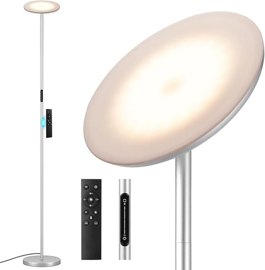 Modern LED Floor Lamp - Remote & Touch Control, 40W/2400LM Sky Torchiere Standing Lamp, Fully Dimmable, 3 Color Temperatures, Ideal for Living Room & Bedroom, Easy to Assemble(Sliver)