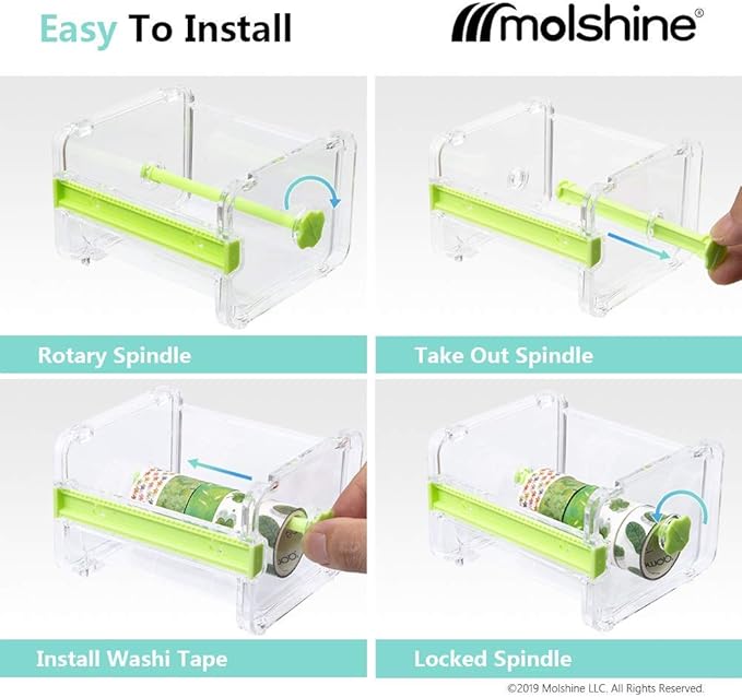 molshine 2 Pack Transparent Desktop Multi Washi Masking Tape Storage Dispenser,Tape Cutter,Tape Roll Holder (Not Include Masking Tape) (Yellow&Green)