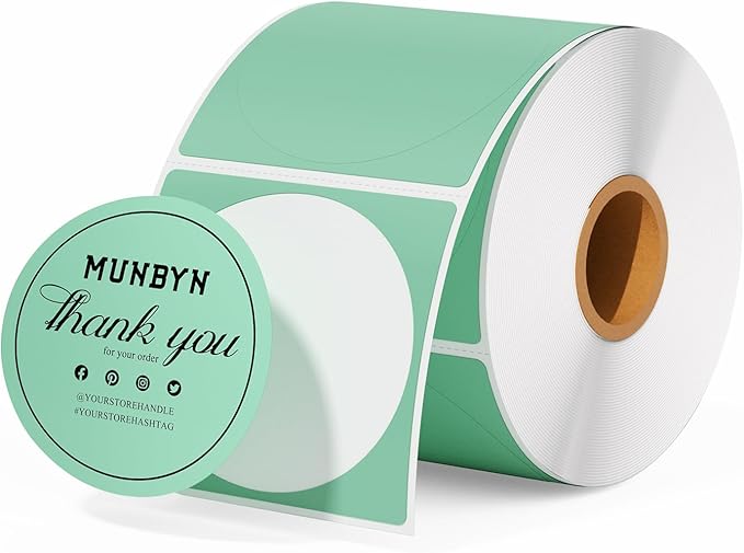 MUNBYN 2 Inch Green Circle Thermal Sticker Labels, Self-Adhesive Round Direct Thermal Labels for Logo Design, QR Code, Inventory, 750 Sheets/1 Roll