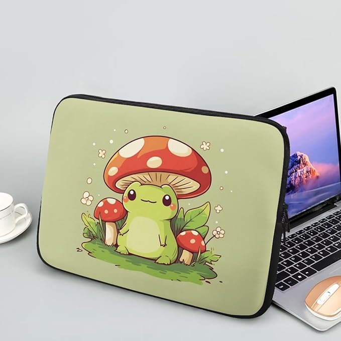 Mushroom Frog Laptop Sleeve for Women 17 inch Laptop Protector with Multiple Uses Computer Carrying Case Portable Tablet Bag Lap Top Case Cute Laptop Protector Green