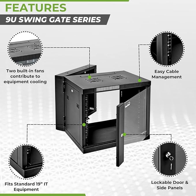 NavePoint 9U Server Cabinet with Hinged Back - 17.7” Deep, 9U Server Rack Enclosure with Locking Glass Door, Wall Mount Rack with Removable Side Panels, 9U Network Cabinet with 2 Fans, Pre-Assembled