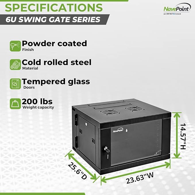 NavePoint 6U Server Cabinet with Hinged Back - 25.5” Deep, 6U Server Rack Enclosure with Locking Glass Door, Wall Mount Rack with Removable Side Panels, 6U Network Cabinet with 2 Fans, Pre-Assembled