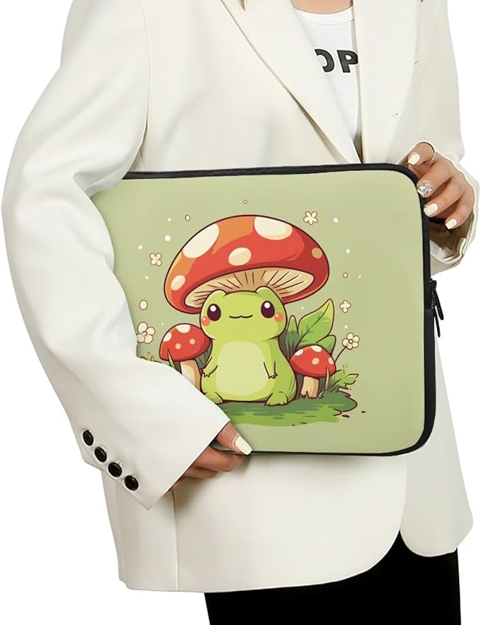 Mushroom Frog Laptop Sleeve for Women 17 inch Laptop Protector with Multiple Uses Computer Carrying Case Portable Tablet Bag Lap Top Case Cute Laptop Protector Green