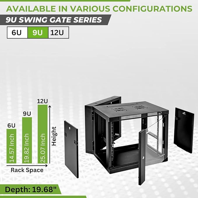 NavePoint 9U Server Cabinet with Hinged Back - 25.5” Deep, 9U Server Rack Enclosure with Locking Glass Door, Wall Mount Rack with Removable Side Panels, 9U Network Cabinet with 2 Fans, Pre-Assembled
