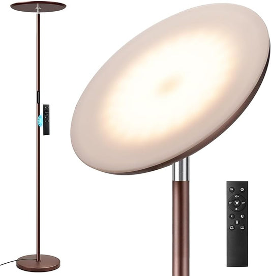 Modern LED Floor Lamp - Remote & Touch Control, 40W/2400LM Sky Torchiere Standing Lamp, Fully Dimmable, 3 Color Temperatures, Ideal for Living Room & Bedroom, Easy to Assemble(Brown)