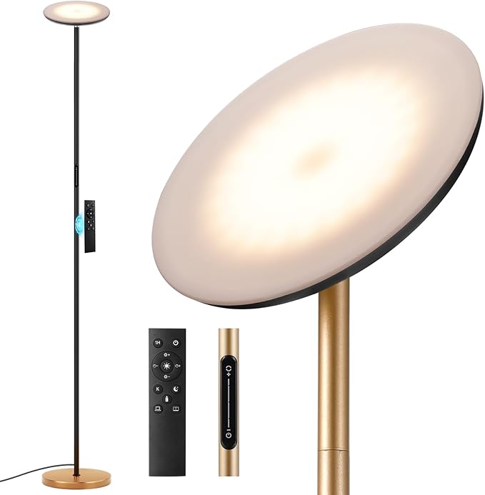 Modern LED Floor Lamp - Remote & Touch Control, 40W/2400LM Sky Torchiere Standing Lamp, Fully Dimmable, 3 Color Temperatures, Ideal for Living Room & Bedroom, Easy to Assemble(Gold)