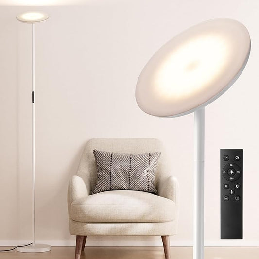Modern LED Floor Lamp - Remote & Touch Control, 40W/2400LM Sky Torchiere Standing Lamp, Fully Dimmable, 3 Color Temperatures, Ideal for Living Room & Bedroom, Easy to Assemble(White)