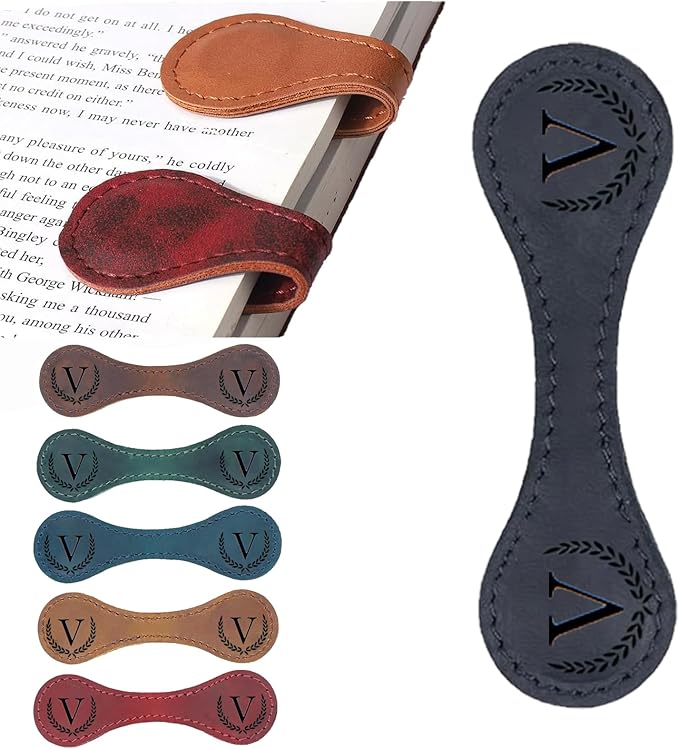 Personalized Magnetic Leather Bookmark, 26 Letters Custom Leather Bookmarks, Handmade, Leather Magnetic Bookmark for Book Lovers Readers Women Kid(Black，V）