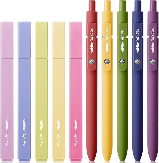 Mr. Pen- Aesthetic Highlighters and Gel Pens, 10 Pack, Vintage Color Bible Highlighters No Bleed, Black Ink Gel Pens, Highlighter Pens, No Bleed Highlighters for Bibles, Gel Pens