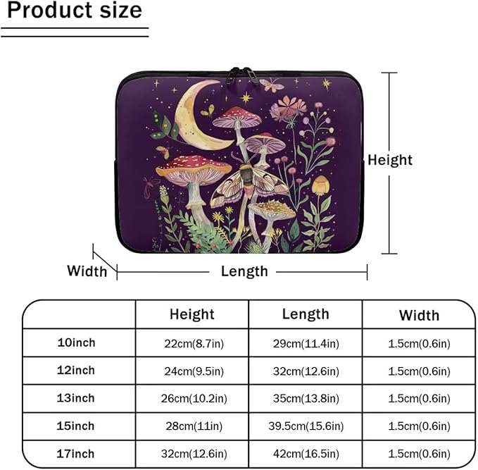 Mushroom Laptop Protective Sleeve for Girls Boys 15 inch Laptop Covers with Large Capacity Lap Top Case Lightweight Computer Sleeve Bag Suitable Gifts for Holidays Tablet Bag Moon