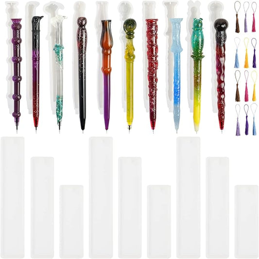 Motiloo 9 Pack DIY Bookmark Resin Mold Rectangle Bookmark with 10Pcs Resin Pen Mold,12Pcs Tassels, Resin Molds Silicone for DIY Craft,Halloween/Xmas/Birthday Gift
