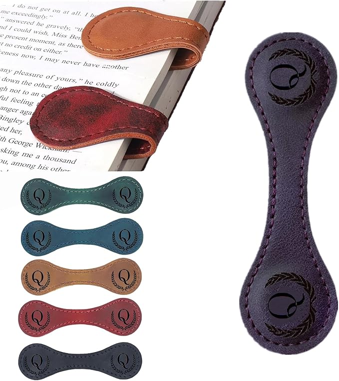 Personalized Magnetic Leather Bookmark, 26 Letters Custom Leather Bookmarks, Handmade, Leather Magnetic Bookmark for Book Lovers Readers Women Kid(Purple，Q）