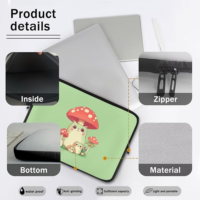 Mushroom Frog Computer Sleeve for Girls 10 inch Laptop Sleeve Women Lap Top Case with Multiple Uses Tablet Bag Cute Animal Laptop Carrying Case Briefcase Green