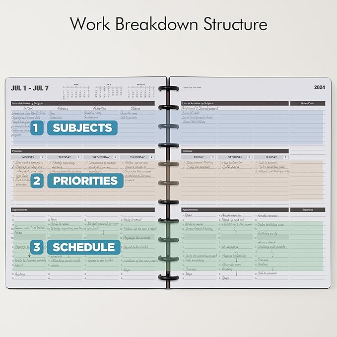 Nekmit Discbound Planner 2025, Work Breakdown Structure 12 Month Planner, 8.5"x11", Jan 2025 - Dec 2025 Daily, Weekly, Monthly Planner, Appointment Budget Book (Black)