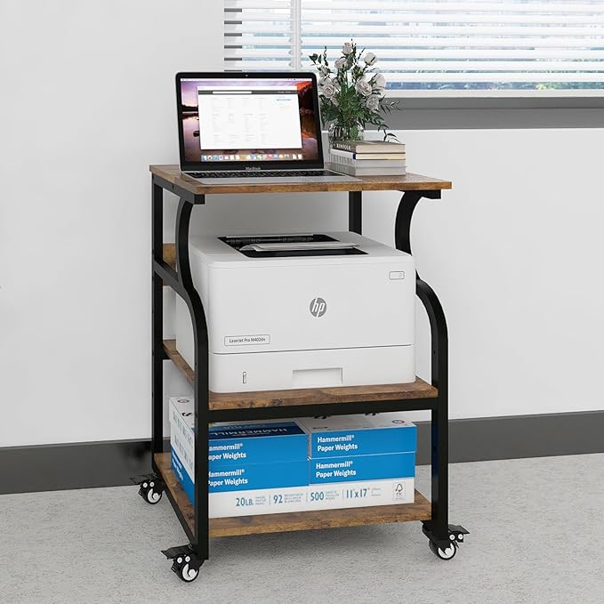 Natwind Large Printer Stand,24''x20''x29''Printer Table with Adjustable Storage Shelf,3 Tier Rolling Printer Cart with Wheels,Home Office Multifunctional Shelves for Heat Press,3D Printer (Retro)