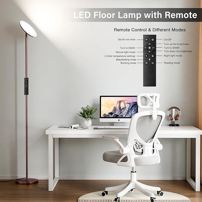 Modern LED Floor Lamp - Remote & Touch Control, 40W/2400LM Sky Torchiere Standing Lamp, Fully Dimmable, 3 Color Temperatures, Ideal for Living Room & Bedroom, Easy to Assemble(Brown)