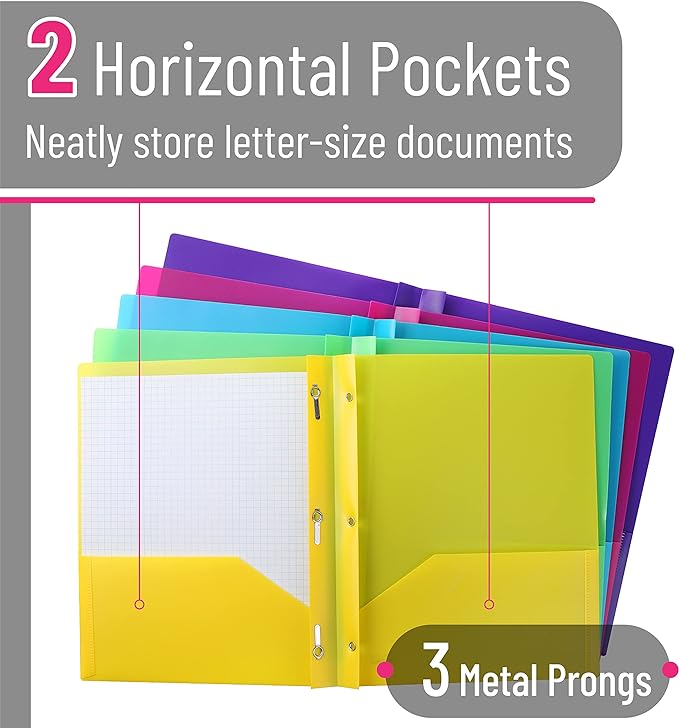Mr. Pen- Folders with Pockets and Prong with Fasteners, 2 Pocket Folder, 3 Prong Folders, 5 Pack, Plastic