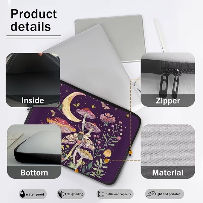 Mushroom Laptop Protective Sleeve for Girls Boys 17 inch Laptop Covers with Large Capacity Lap Top Case Lightweight Computer Sleeve Bag Suitable Gifts for Holidays Tablet Bag Moon