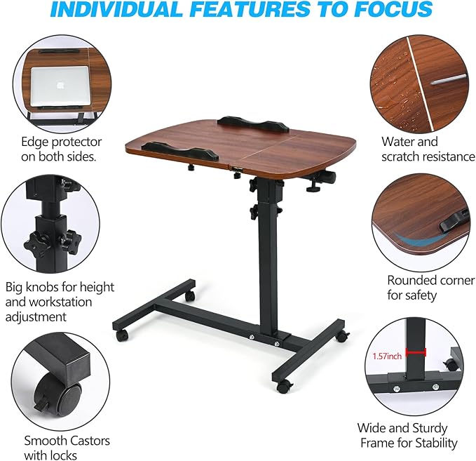 Multifunctional Height Adjustable Table with Wheels | Ultimate Single Workstation, Study Desk, Bedside Table, Recliner Tray Table, Presentation Cart and Laptop Stand | Tilting Tops (Pine White)