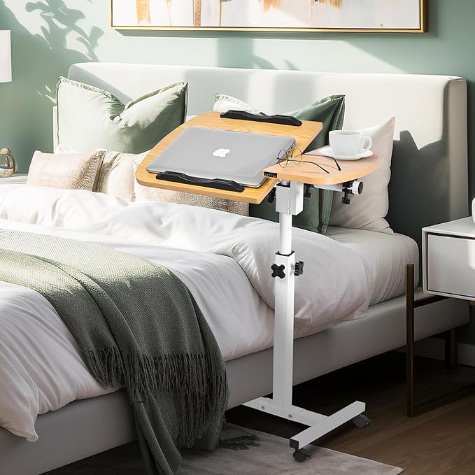Multifunctional Height Adjustable Table with Wheels | Ultimate Single Workstation, Study Desk, Bedside Table, Recliner Tray Table, Presentation Cart and Laptop Stand | Tilting Tops (Pine White)