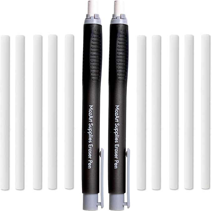 Mozart 2 Eraser Pen with 10 Jumbo Eraser Pen Refills Set, Easy to Use for Mechanical Pencils, Effective for Sketch, Architecture, Drafting, Art, Drawing Supplies.