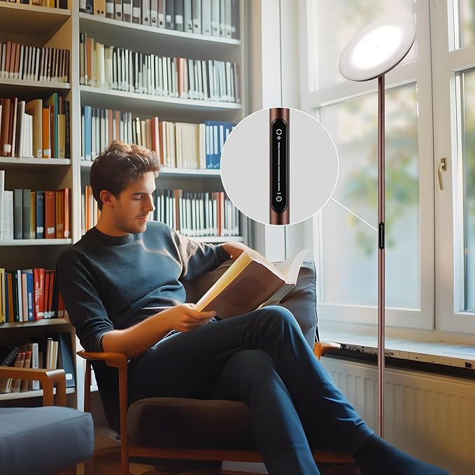 Modern LED Floor Lamp - Remote & Touch Control, 40W/2400LM Sky Torchiere Standing Lamp, Fully Dimmable, 3 Color Temperatures, Ideal for Living Room & Bedroom, Easy to Assemble(Brown)