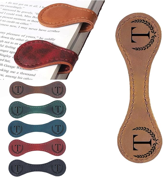 Personalized Magnetic Leather Bookmark, 26 Letters Custom Leather Bookmarks, Handmade, Leather Magnetic Bookmark for Book Lovers Readers Women Kid(Dark Yellow，T）