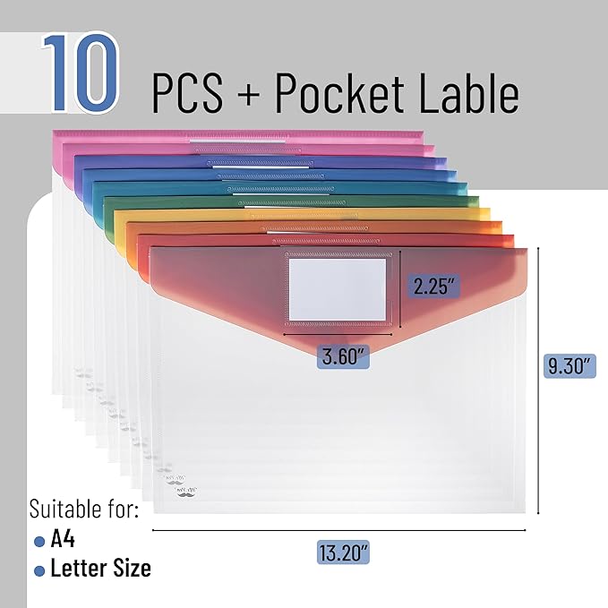 Mr. Pen- Plastic Envelopes, 10 Pack, A4, Letter Size, Colorful Flaps, Plastic File Folder with Label Pocket, Plastic Envelopes with Snap Closure, Plastic File Folders, Plastic Envelopes for Documents