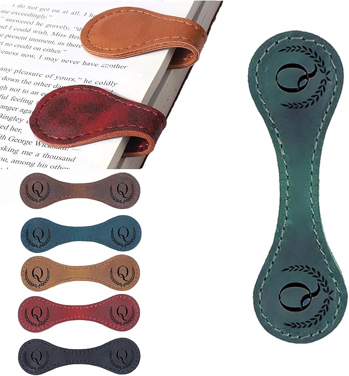 Personalized Magnetic Leather Bookmark, 26 Letters Custom Leather Bookmarks, Handmade, Leather Magnetic Bookmark for Book Lovers Readers Women Kid(Green，Q）
