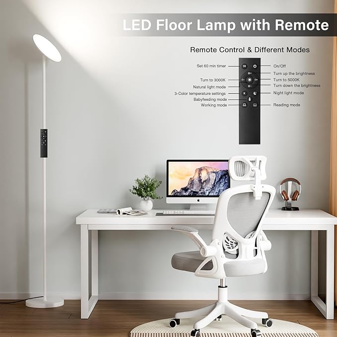 Modern LED Floor Lamp - Remote & Touch Control, 40W/2400LM Sky Torchiere Standing Lamp, Fully Dimmable, 3 Color Temperatures, Ideal for Living Room & Bedroom, Easy to Assemble(White)