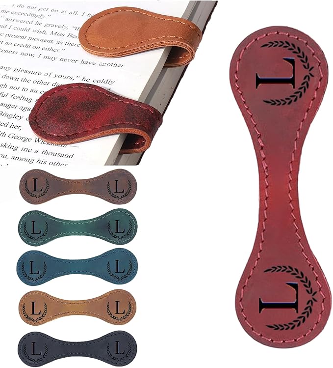 Personalized Magnetic Leather Bookmark, 26 Letters Custom Leather Bookmarks, Handmade, Leather Magnetic Bookmark for Book Lovers Readers Women Kid(Red，L）