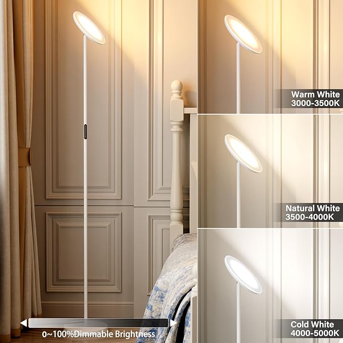 Modern LED Floor Lamp - Remote & Touch Control, 40W/2400LM Sky Torchiere Standing Lamp, Fully Dimmable, 3 Color Temperatures, Ideal for Living Room & Bedroom, Easy to Assemble(White)