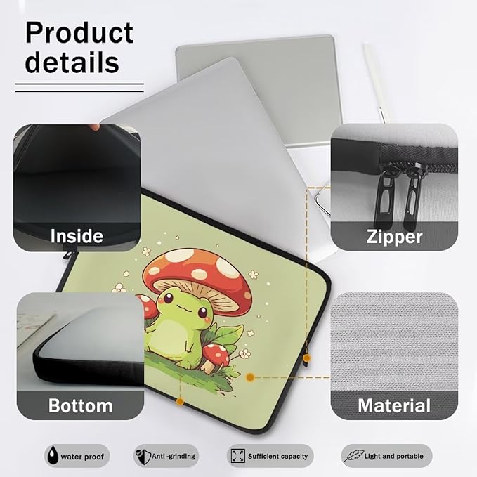 Mushroom Frog Laptop Sleeve for Women 17 inch Laptop Protector with Multiple Uses Computer Carrying Case Portable Tablet Bag Lap Top Case Cute Laptop Protector Green