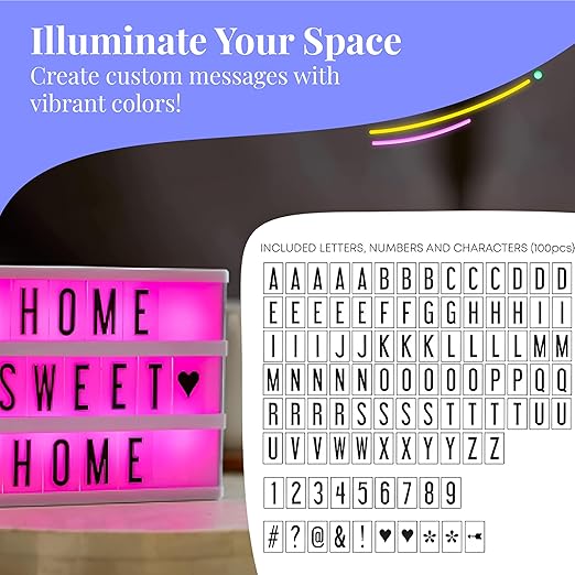My Cinema Lightbox Cinema Light Box Letter Board - 12x9-Inch Light Up Signs with 100 Letters, Numbers, and Symbols - Neon Sign with White LED, RGB, and Color Freeze Mode for Home Decor