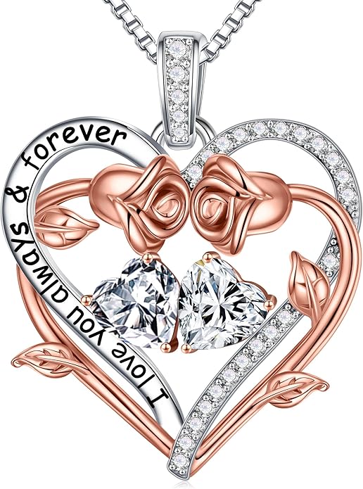 MOOSEA Rose Heart Moissanite Necklace Gifts for Women - S925 Sterling Silver Birthstone Moissanite Necklace 0.8ct D Color VVS1 Clarity, Anniversary Valentines Birthday Gifts for Wife Women Her