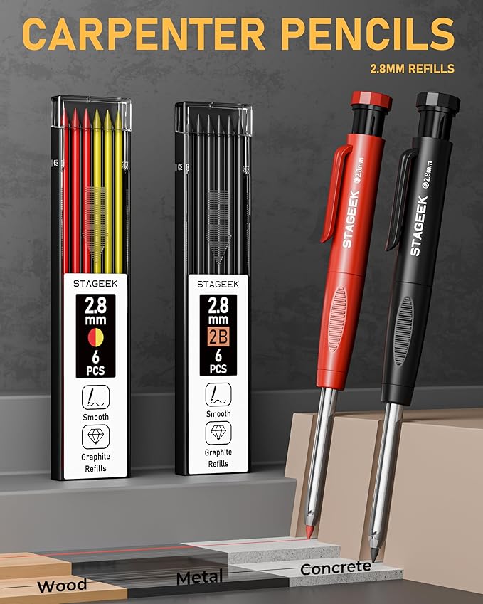 17 Pack Mechanical Carpenter Pencil Set with Sharpener 40 Refills, Automatic Center Punch, Carbide Scribe Tool, Eraser and Deep Hole Marker Pen, Heavy Duty Construction Pencil for Architect-With Pouch