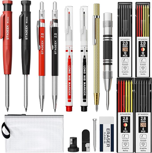 17 Pack Mechanical Carpenter Pencil Set with Sharpener 40 Refills, Automatic Center Punch, Carbide Scribe Tool, Eraser and Deep Hole Marker Pen, Heavy Duty Construction Pencil for Architect-With Pouch