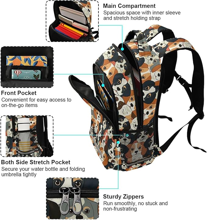 MNSRUU Laptop Backpack with Chest Strap, Cute Dog School Backpack, Travel Hiking Backpack for Boys Girls Teen Adult, Rucksack, Knapsack