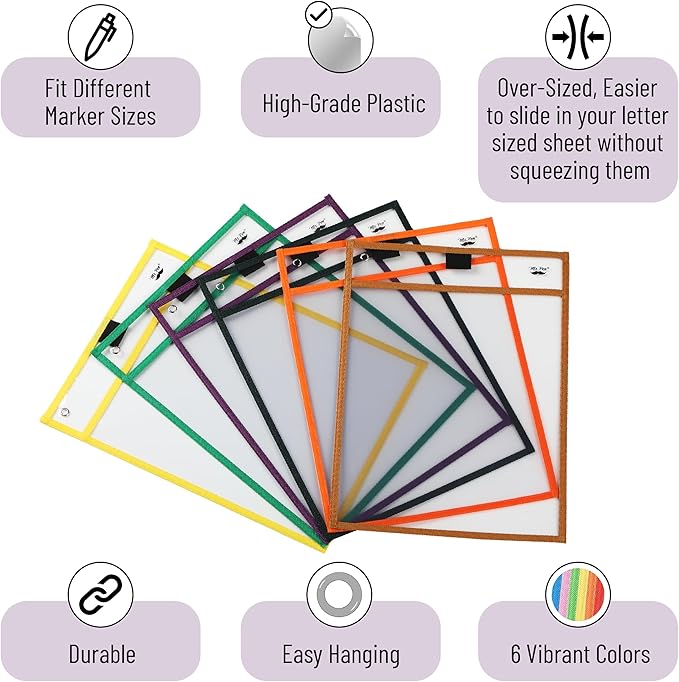 Mr. Pen- Dry Erase Pocket Sleeves, 10"x14", 6 pcs, Colorful Dry Erase Sleeves, Plastic Sleeves for Paper 8.5x11, Dry Erase Pockets Reusable Sleeves, Plastic Paper Sleeves, Dry Erase Sheet Protectors
