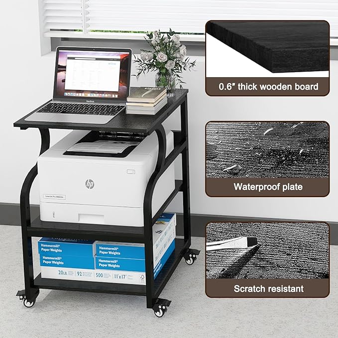 Natwind Large Printer Stand,24''x20''x29''Printer Table with Adjustable Storage Shelf,3 Tier Rolling Printer Cart with Wheels,Home Office Multifunctional Shelves for Heat Press,3D Printer (Black)
