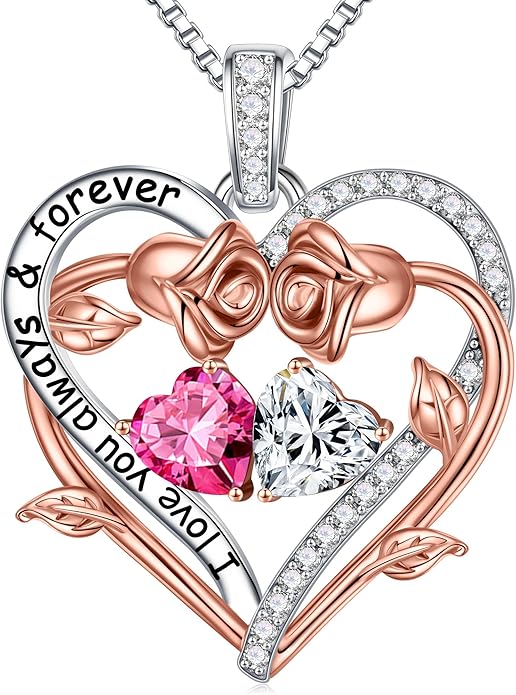MOOSEA Rose Heart Moissanite Necklace Gifts for Women - S925 Sterling Silver Birthstone Moissanite Necklace 0.8ct D Color VVS1 Clarity, Anniversary Valentines Birthday Gifts for Wife Women Her