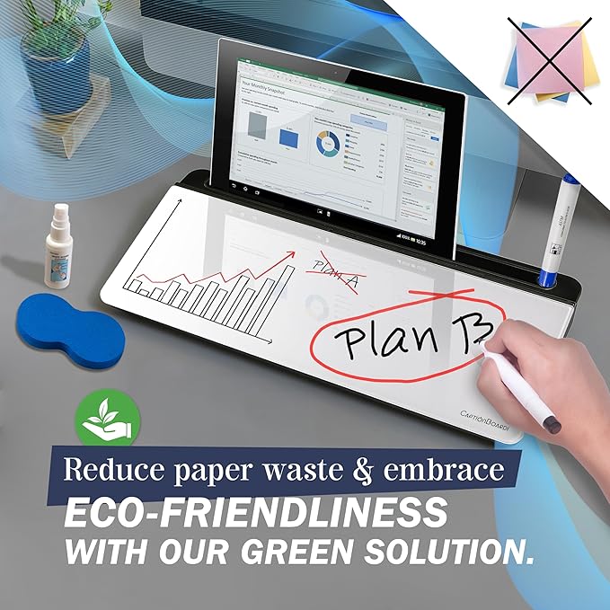 15-Inch Desktop Whiteboard - Glass Dry Erase Board for Desk Whiteboard with Stand with 3 Markers, Spray Bottle, 3 Cable Holders & Storage Box Work from Home Office Gadgets, Black & White