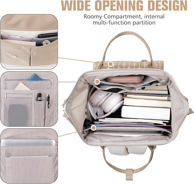MOMUVO Laptop Backpack for Women with USB Port, Student Bookbag Water Resistant Backpacks Teacher Doctor Nurse Work Stylish Travel Bags, Fits 17-Inch Laptop Khaki Beige